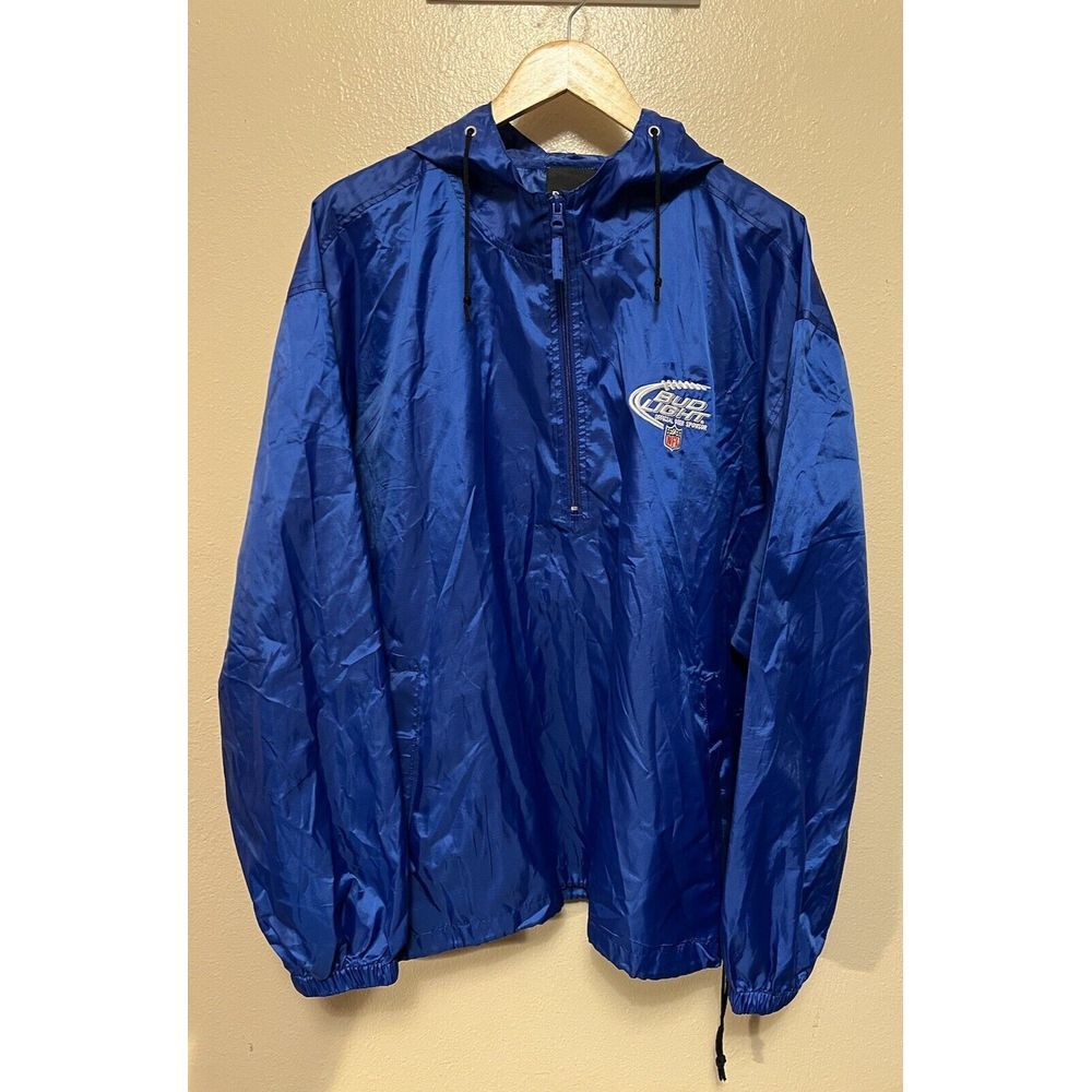 Reebok Bud Light NFL Mens Hooded Windbreaker‎ Jacket 1/4 Zip Packable Blue Sz XL